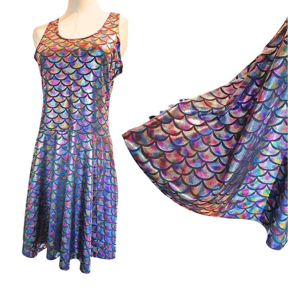 Multi Colored Shiny Mini Dress - Stretch Twirl - Large Rainbow PRIDE